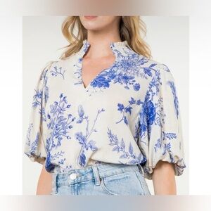 THML Floral Puff Sleeve Linen Blend Top EUC